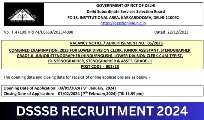 DSSSB Recruitment 2024, Notification, Application Form, Apply Online